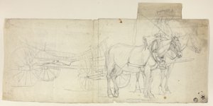 Tweespan met koetsier, trekkend (recto); Schetsen van voorovergebogen vrouwen (verso)