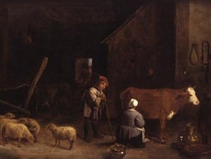 Een herdersjongen die met een melkmeisje praat in een koeienstal door David Teniers the Younger
