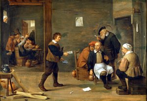 Een groep mannen die zich opwarmen voor een schoorsteen. Schilderij door David Teniers de Jonge (1610 - 1690) Milaan, Museo del castello. door David Teniers the Younger