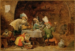 Drinkende en rokende apen ... door David the Younger Teniers