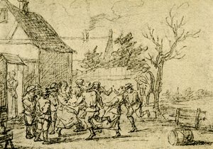 Boeren dansen voor een huis door David Teniers the Younger