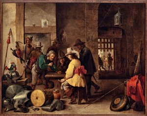 De wachtkamer, soldaten die spelen en wedden door David Teniers the Younger