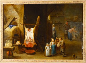 Het interieur van een boerenhuisje met een varkenskarkas en een jongen die een blaas opblaast, 1646