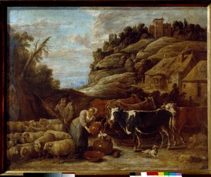Het melken van de kudde door David Teniers the Younger