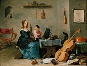 De vrouw en zoon van de schilder Portret van de familie van de kunstenaar, de jonge vrouw speelt muziek in een kamer vol instrumenten terwijl het kind zeepbellen maakt. Schilderij door David Teniers de Jonge (1610-1690) 17e eeuw Turijn Galleria Sabauda Ita door David Teniers the Younger