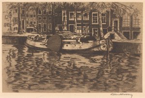 Gracht met aangemeerde zeilboot door David van Hessen (signed by artist)