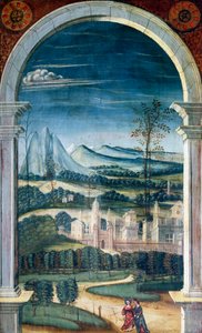 Perspectief geschilderd door Defendente Ferrari, op achterste gedeelte van 16e-eeuwse koor, Kerk van Sint Hiëronymus, Biella, Italië