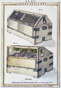 Houten kisten om zeldzame planten op schepen te vervoeren door Delahaye, uit Florindie ou Historie physico-economique des Vegetaux de la Torride
