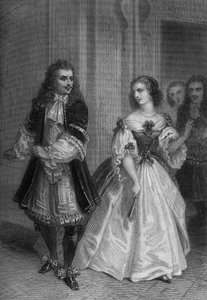 Toneelstuk De misantroop van Moliere: Alceste, Celimene, Eliante, Philinte gravure van Delannoy naar een tekening van G. Staal (1870)