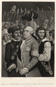 Lodewijk XVI bedreigd door de menigte tijdens hun bezoek aan de Tuilerieën, 20 juni 1792 door Denis Auguste Marie (after) Raffet