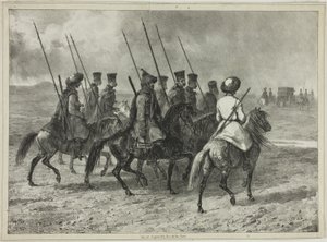 Kozakkenescorte naar de Grens van Koeban, Taman (Centraal Rusland), 11 oktober 1837 door Denis Auguste Marie Raffet