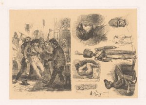 Groep mannen, ernaast een compositie met onder andere een soldaat door Denis Auguste Marie Raffet