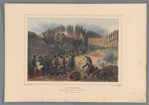 Groep soldaten trekt door een opening in de palissade, 1832