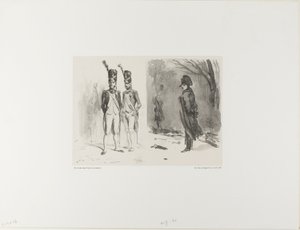Blad met Schets (Grenadier van de Garde, Napoleon in een Bivak) door Denis Auguste Marie Raffet