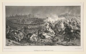 De 2e lichte cavalerie die de aanval van de Arabieren weerstaat, uit een set van zes, getiteld Retraite de Constantine door Denis Auguste Marie Raffet