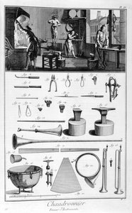 Interieur van een ijzerhandelaar, en plannen van instrumenten, 1751-1777