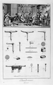Interieur van een ijzerhandelaar, en plannen van instrumenten, 1751-1777 door Denis Diderot