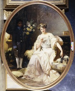 Portret van een dame, vermoedelijk Anna de Noailles, zittend met een negerpage in een interieur