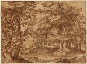 Boslandschap met kasteel in de verte door Denys van Alsloot