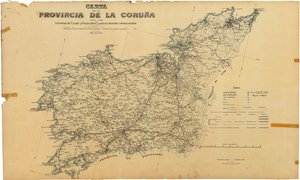 Kaart van de provincie A Coruña met de staats- en provinciale wegen en gesubsidieerde buurtwegen. Gepubliceerd door overeenkomst van de Eerbare Provinciale Commissie door Deputación da Coruña