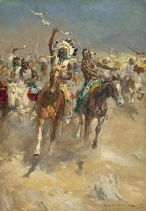 Aanvallende indianen te paard (gouache op papier)