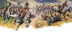 "Into Them, Greys!" De charge van de Union (Cavalerie) Brigade tijdens de Slag bij Waterloo (kleurenlitho)