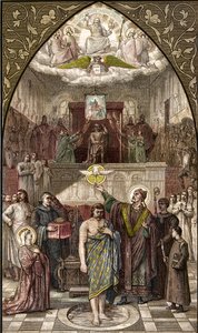 Sint Remigius doopt Clovis in Reims - De doop van koning Clovis I van de Franken in Reims door bisschop Sint Remi op 25/12/496 (of 499) - gravure naar het schilderij van Desire Francois Laugee