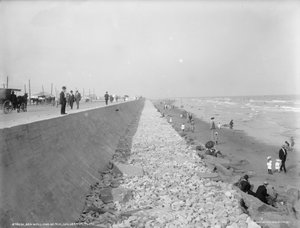 Zeewering en strand, Galveston, Texas door Detroit Publishing Co.