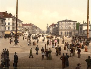 Straatscène, Odensplatz en Ludwigstrasse, München, Beieren, Duitsland, ca. 1900