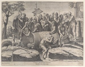 Marcus Atilius Regulus in een ton terwijl twee mannen de spijkers inslaan, 1555-77