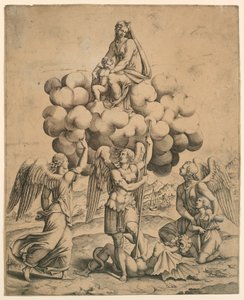 De aartsengelen Michael, Gabriel en Raphael aanbidden de Madonna en het kind
