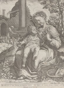 De Heilige Familie in Egypte, met Jozef als timmerman op de achtergrond
