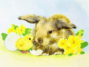 Paashaas met Sleutelbloem en Kuiken