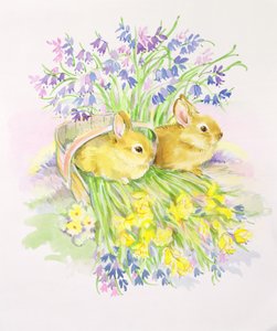 Konijnen in een mand met Narcissen en Hyacinten door Diane Matthes