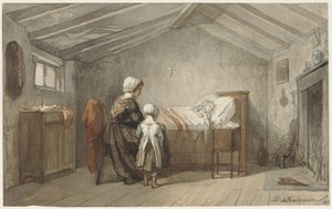Moeder en dochter bij het ziekbed van een kind door Diederik Franciscus Jamin
