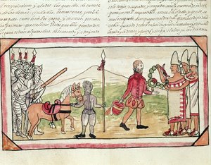 Fol.208v Ontmoeting van Hernando Cortes (1485-1547) en Montezuma (1466-1520), miniatuur uit de 