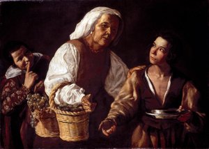 De twee jongens en de oude fruitvrouw of de oude fruitverkoopster (Dos muchachos y vieja con fruta o La vieja frutera) door Diego Rodriguez de Silva y (attr. to) Velazquez