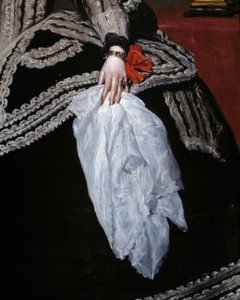 Hand en sjaal (detail) van het portret van koningin Maria Anna van Oostenrijk (1634-1696), echtgenote van Filips IV door Diego Velázquez