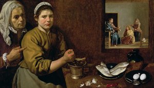 Keukenscène met Christus in het huis van Martha en Maria door Diego Velázquez