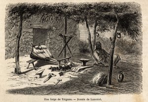 Een zigeunersmederij in de regio Walachije, Roemenië. Gravure ter illustratie van de reis van Parijs naar Boekarest, door Lancelot, tekenaar, in 1860, gepubliceerd in 