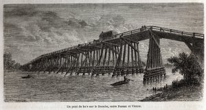Een houten brug over de Donau, tussen Passau en Wenen door Dieudonne Auguste Lancelot