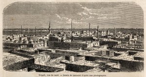 Algemeen zicht op Tripoli, tekening door Lancelot, ter illustratie van de Tripolitaanse wandelingen, in 1860, van de Baron de Krafft. Gravure in 