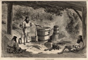 De vervaardiging van rakiou, graanalcohol, een soort schnaps die zeer gebruikelijk is in Roemenië. Gravure ter illustratie van de reis van Parijs naar Boekarest, door Lancelot, tekenaar, in 1860, gepubliceerd in 
