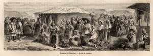 De wandelende bevolking van Tesmevar (of Timisoara) in Roemenië. Gravure ter illustratie van de reis van Parijs naar Boekarest, door Lancelot, tekenaar, in 1860, gepubliceerd in 
