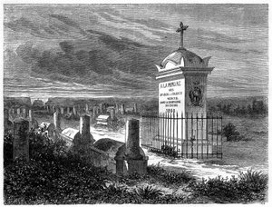 Uitzicht op de Franse Begraafplaats in Peking (Beijing), China. Gravure naar een tekening van Lancelot, in 