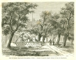 Zicht op de binnenplaats van het voormalige Jezuïetenobservatorium in Peking (Beijing), China. Gravure door Lancelot, in 