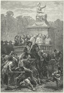 Een kar vol gevangenen op weg naar de guillotine, Franse Revolutie (gravure) door Diogene Ulysse Napoleon Maillart