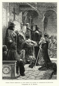 Pierre de Kluizenaar overhandigt paus Urbanus de brieven van de patriarch van Jeruzalem (gravure) door Diogene Ulysse Napoleon Maillart