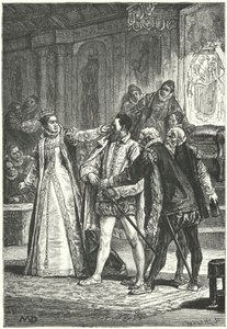 De Graaf van Essex dreigt zijn zwaard te trekken nadat Koningin Elizabeth I hem een klap om het oor gaf voor zijn brutaliteit, 1598 door Diogene Ulysse Napoleon Maillart