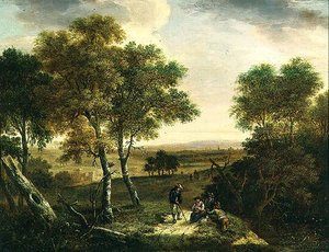 Een uitgestrekt bosrijk landschap met boeren langs een pad, een stad in de verte